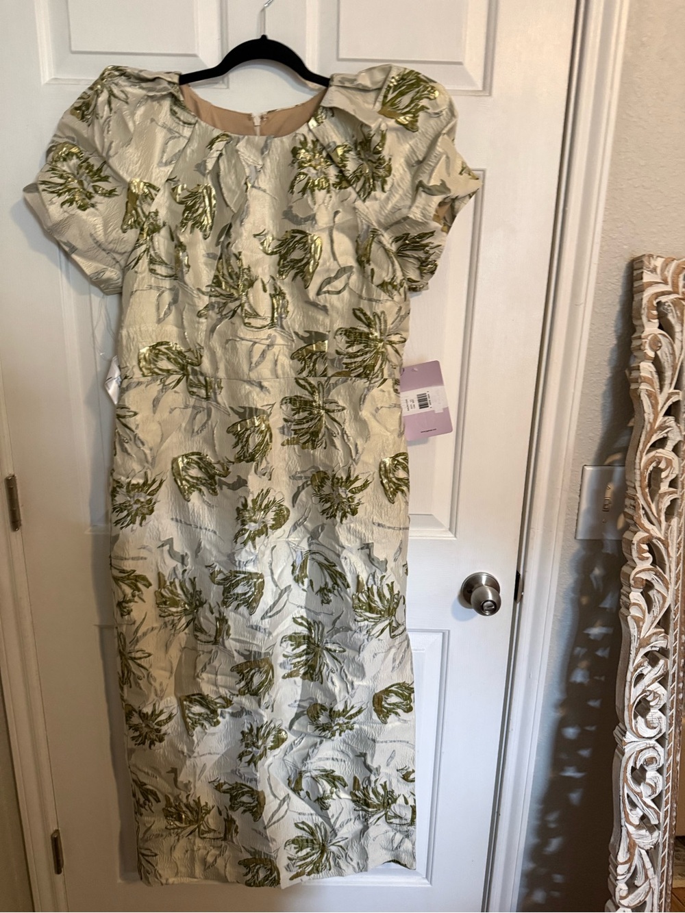 NWT JS Collection Elegant Cream Dress with Olive Floral Jacquard